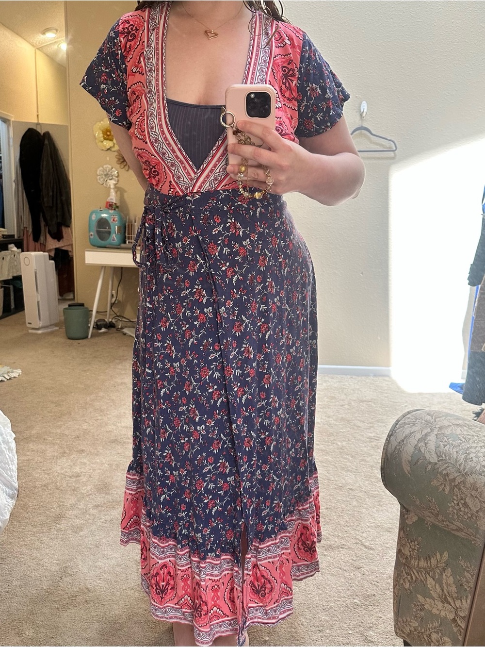 Boho Navy Blue Pink Floral V-Neck Short Sleeve Tie Wrap Maxi Dress Women’s Sz M